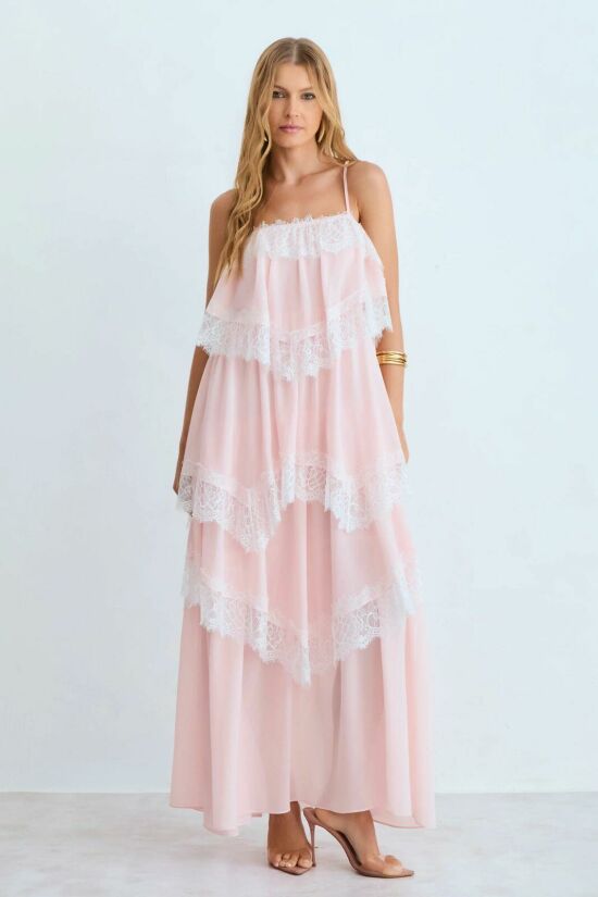 Imagem de Vestido Mídi Babados Com Detalhe Renda Barra Rosa Suspiro Zen